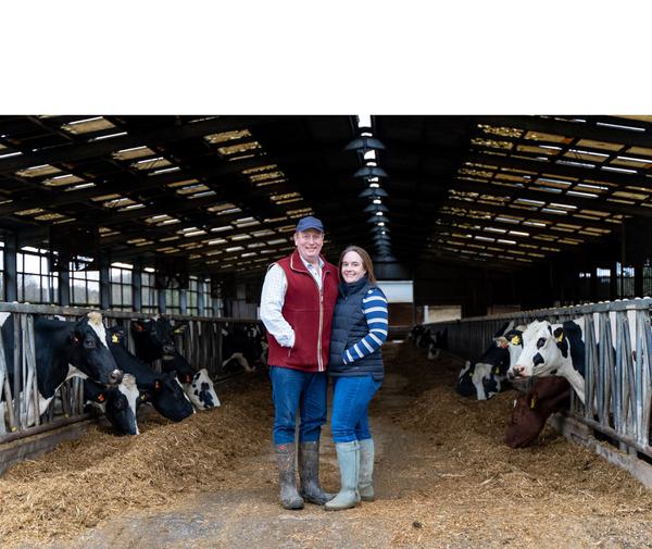 Two farmers stand together in a milking shed. They are Nick and Lucy Tyler. They are both wearing wellies and bodywarmers. Black and white cows in the milking stalls behind them.
