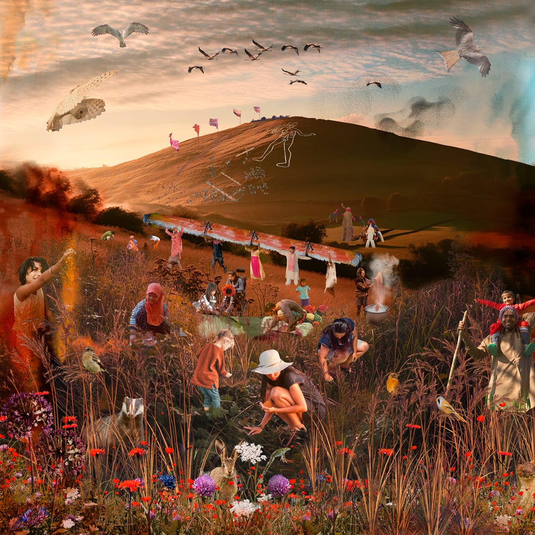 A graphic image of a hill with the Cerne Abbas chalk giant. People, flowers and birds are all around.