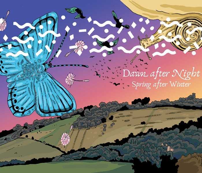 A graphic image of a hillside with pink and purple sky above, a large blue butterfly is in the foreground with birds in flight and a large sun above the hill.