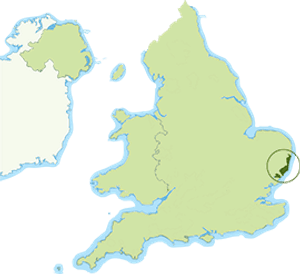Map showing location of Suffolk and Essex Coast and Heaths National Landscape