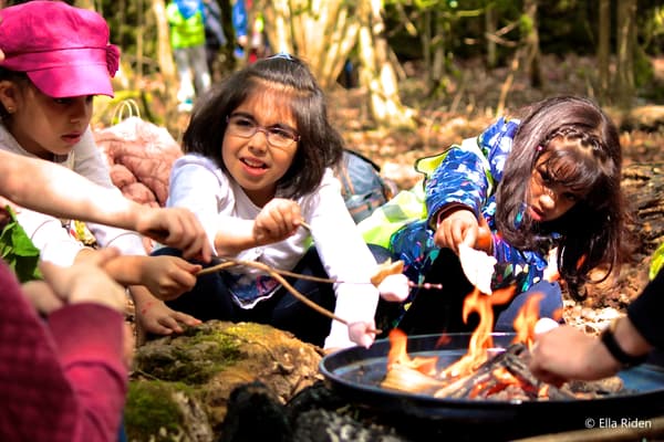 Three young girls toast marshmallows over a firepit
